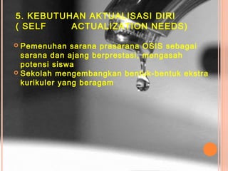 5. KEBUTUHAN AKTUALISASI DIRI 
( SELF ACTUALIZATION NEEDS) 
 Pemenuhan sarana prasarana OSIS sebagai 
sarana dan ajang berprestasi, mengasah 
potensi siswa 
 Sekolah mengembangkan bentuk-bentuk ekstra 
kurikuler yang beragam 

