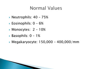  Neutrophils: 40 – 75% 
 Eosinophils: 0 – 6% 
 Monocytes: 2 – 10% 
 Basophils: 0 – 1% 
 Megakaryocyte: 150,000 – 400,000/mm 
 