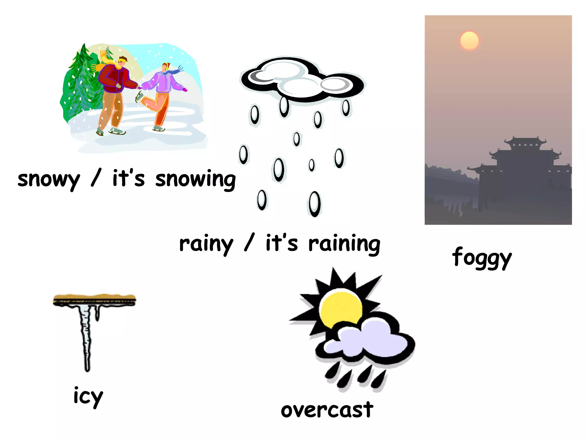 snowy / it’s snowing
overcast
icy
foggy
rainy / it’s raining
 