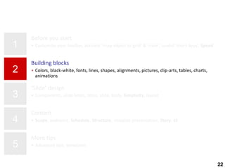 22
1
2
3
4
5
Before you start
• Customize your toolbar, activate ‘snap object to grid’ & ‘ruler’, useful ‘short-keys’, Speed
Building blocks
• Colors, black-white, fonts, lines, shapes, alignments, pictures, clip-arts, tables, charts,
animations
‘Slide’ design
• Components, slide limits, titles, slide, body, Simplicity, layout
Content
• Scope, audience, Schedule, Structure, visualize presentation, Story, 6S
More tips
• Advanced tips, templates
22
 