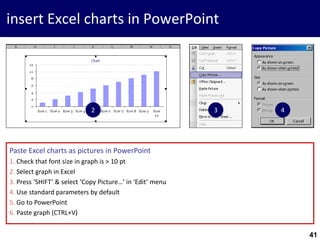 41
Paste Excel charts as pictures in PowerPoint
1. Check that font size in graph is > 10 pt
2. Select graph in Excel
3. Press ‘SHIFT’ & select ‘Copy Picture…’ in ‘Edit’ menu
4. Use standard parameters by default
5. Go to PowerPoint
6. Paste graph (CTRL+V)
insert Excel charts in PowerPoint
2 3 4
 