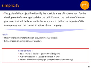 57
simplicity
 The goals of this project if to identify the possible areas of improvement for the
development of a new approach for the definition and the revision of the new
processes that will be launched in the future and to define the impacts of this
new approach on the current structure of our company.
Goals
 Identify improvements for definition & revision of new processes
 Define impacts on current company structure
Keep it simple !
• Be as simple as possible : go directly to the point
• Avoid articles (the, a, …) ; use ‘&’ instead of ‘and’
• Never > 2 lines in one paragraph (except for executive summary)
2nd S
 