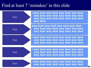 59
Find at least 7 ‘mistakes’ in this slide
Text
Text
Text
Text
Text
• any text any text any text any text
any text any text any text any text
any text any text any text any text
any text
any text any text any text any text
any text any text any text any text
any text any text any text any text
• any text any text any text any text
any text any text any text any text
any text any text any text any text
• any text any text any text any text
any text any text any text any text
any text any text any text any text
• any text any text any text any text
any text any text any text any text
 