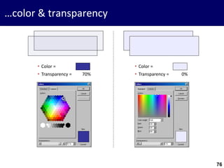 76
…color & transparency
 Color =
 Transparency = 70%
 Color =
 Transparency = 0%
 