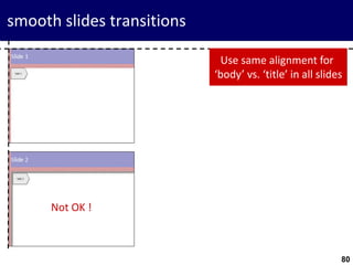 80
smooth slides transitions
Use same alignment for
‘body’ vs. ‘title’ in all slides
Not OK !
 