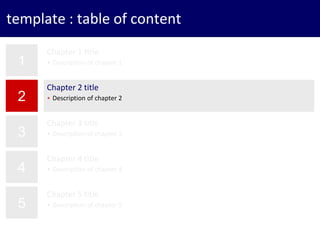 83
template : table of content
1
2
3
4
5
Chapter 1 title
• Description of chapter 1
Chapter 2 title
• Description of chapter 2
Chapter 3 title
• Description of chapter 3
Chapter 4 title
• Description of chapter 4
Chapter 5 title
• Description of chapter 5
 