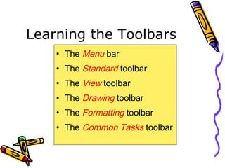 Learning the Toolbars
• The Menu bar
• The Standard toolbar
• The View toolbar
• The Drawing toolbar
• The Formatting toolbar
• The Common Tasks toolbar
 