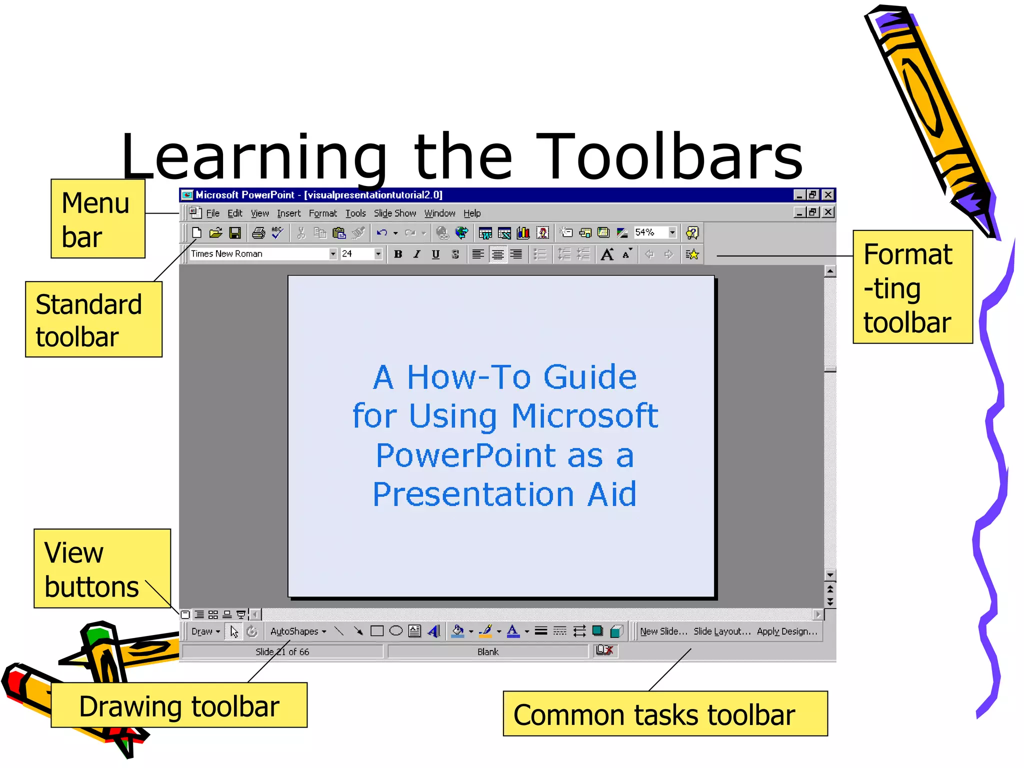 Learning the Toolbars View buttons Common tasks toolbar Format-ting toolbar Menu bar Standard toolbar Drawing toolbar 