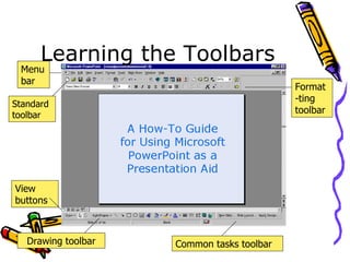 Learning the Toolbars View buttons Common tasks toolbar Format-ting toolbar Menu bar Standard toolbar Drawing toolbar 