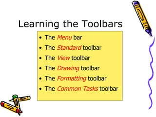 Learning the Toolbars The  Menu  bar The  Standard   toolbar The  View   toolbar The  Drawing  toolbar The  Formatting  toolbar The  Common Tasks   toolbar 