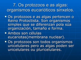 7. Os protozoos e as algas: organismos eucarióticos sinxelos. Os protozoos e as algas pertencen o Reino Protoctista. Son organismos simples que se diferenzan pola súa organización, tamaño e forma.  Ambos son células eucariotas(membrana nuclear). Os protozoos son todos organismos unicelulares pero as algas poden ser unicelulares ou pluricelulares.  