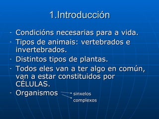 1.Introducción Condicións necesarias para a vida. Tipos de animais: vertebrados e invertebrados. Distintos tipos de plantas. Todos eles van a ter algo en común, van a estar constituidos por CÉLULAS. Organismos  sinxelos complexos 
