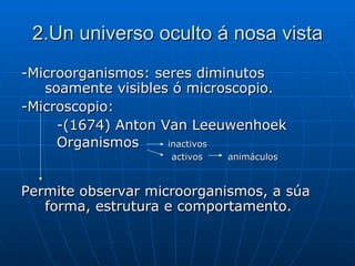 2.Un universo oculto á nosa vista -Microorganismos: seres diminutos soamente visibles ó microscopio. -Microscopio:  -(1674) Anton Van Leeuwenhoek Organismos  inactivos   activos  animáculos Permite observar microorganismos, a súa forma, estrutura e comportamento.   