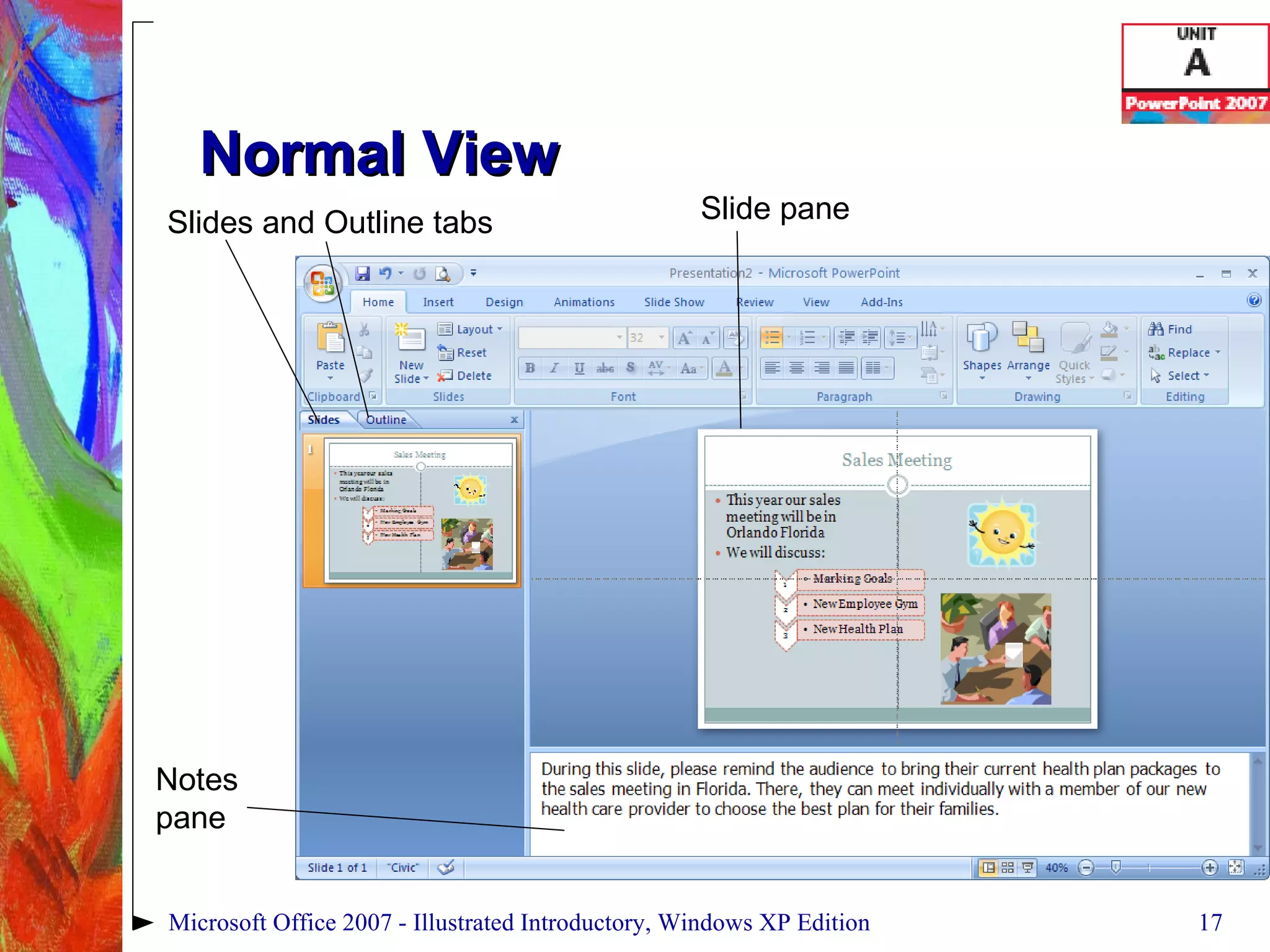 Normal View Microsoft Office 2007 - Illustrated Introductory, Windows XP Edition Slides and Outline tabs Slide pane Notes  pane 