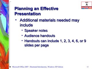 Planning an Effective Presentation Additional materials needed may include Speaker notes Audience handouts Handouts can include 1, 2, 3, 4, 6, or 9 slides per page Microsoft Office 2007 - Illustrated Introductory, Windows XP Edition 