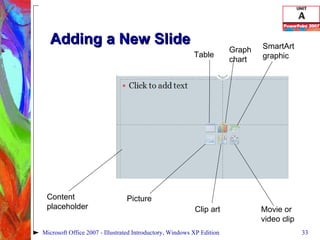 Adding a New Slide Microsoft Office 2007 - Illustrated Introductory, Windows XP Edition Content placeholder Picture Clip art Movie or video clip Table Graph chart SmartArt graphic 