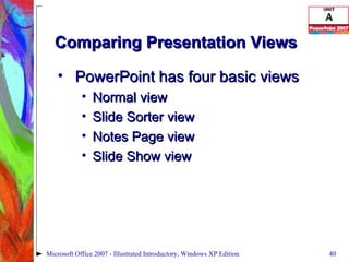 Comparing Presentation Views PowerPoint has four basic views Normal view Slide Sorter view Notes Page view Slide Show view Microsoft Office 2007 - Illustrated Introductory, Windows XP Edition 