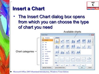 Insert a Chart The Insert Chart dialog box opens from which you can choose the type of chart you need Microsoft Office 2007-Illustrated Introductory, Windows Vista Edition Chart categories Available charts 