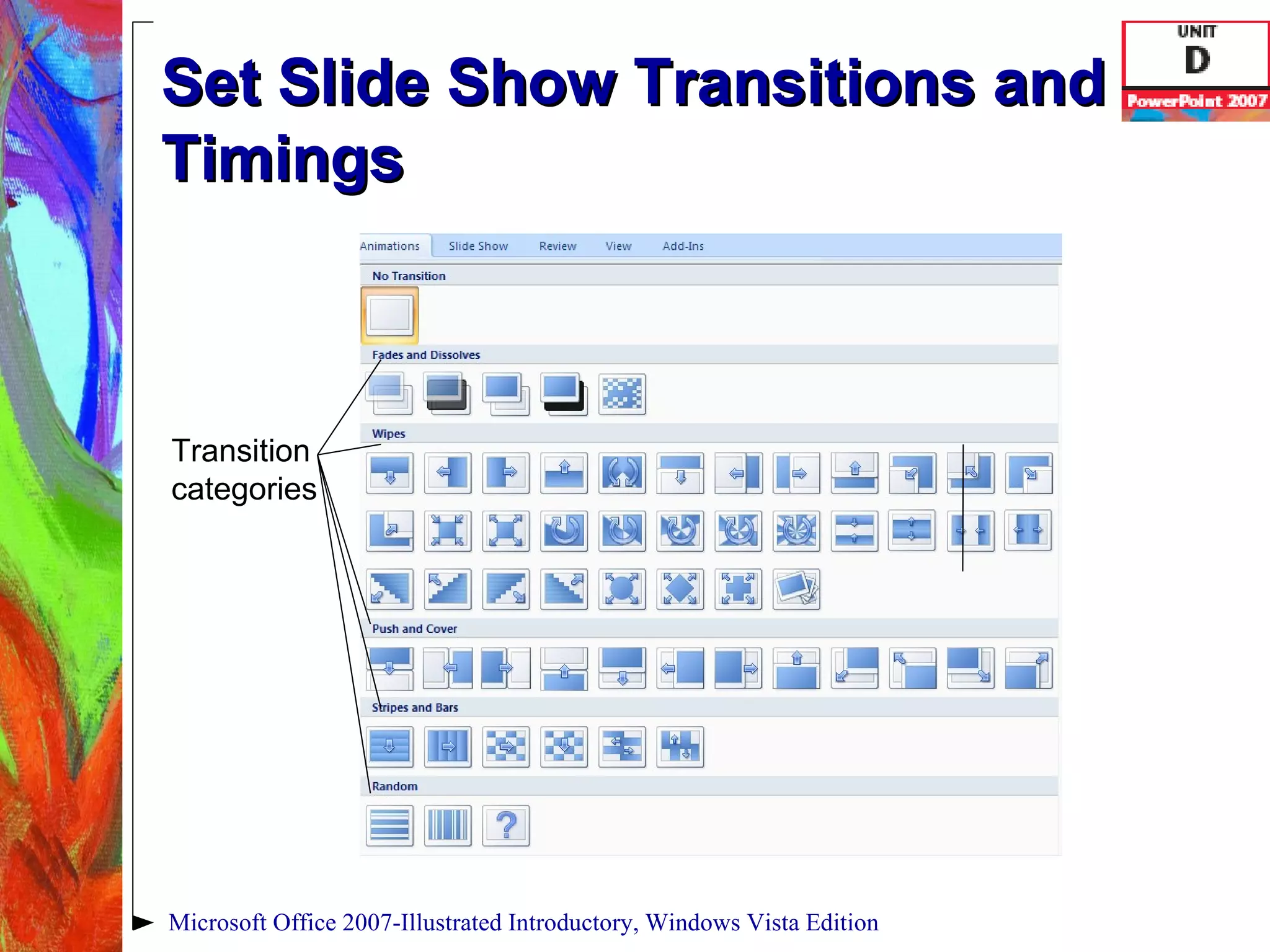 Set Slide Show Transitions and Timings Microsoft Office 2007-Illustrated Introductory, Windows Vista Edition Transition categories 