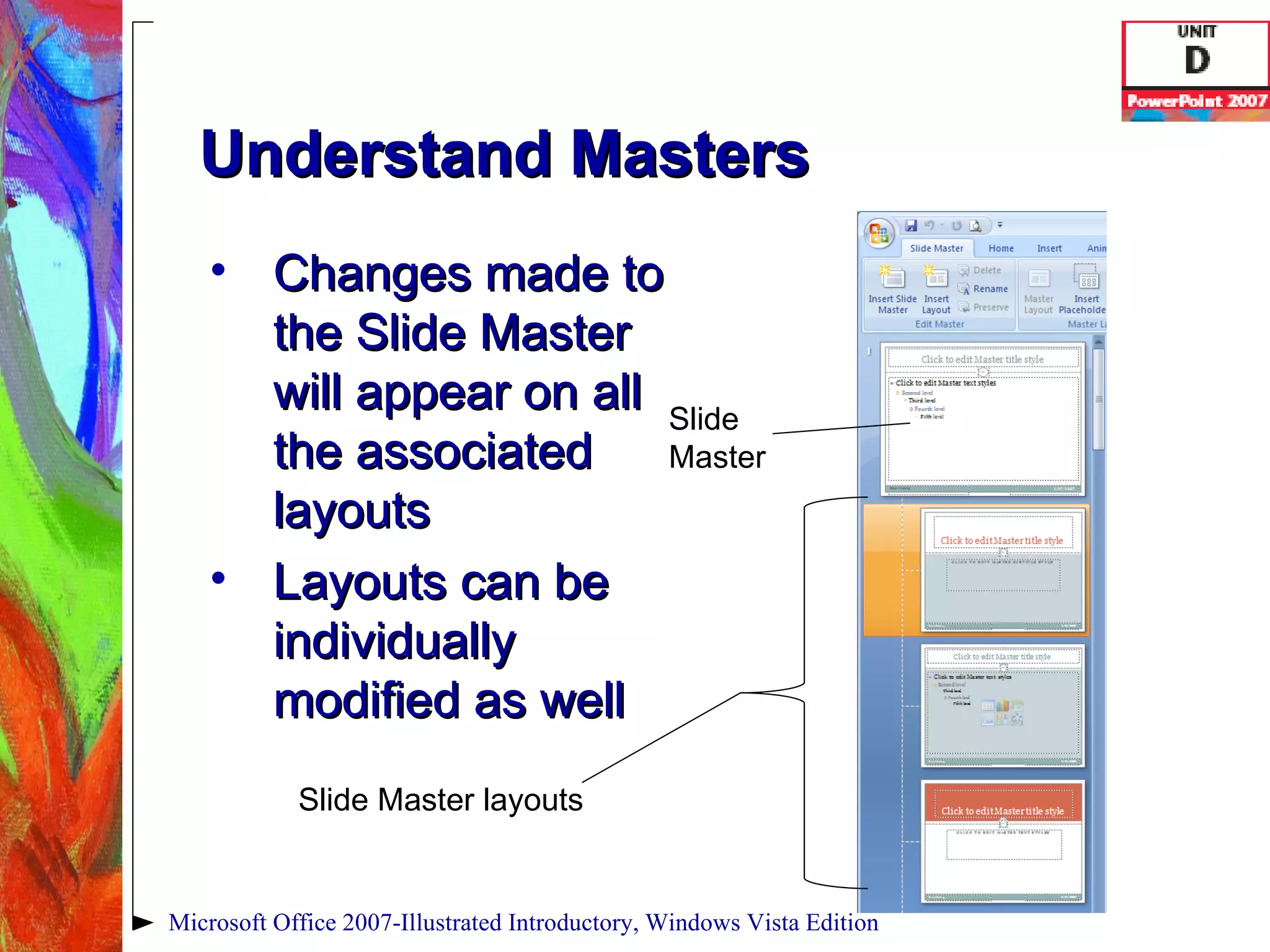 Understand Masters Changes made to the Slide Master will appear on all the associated layouts Layouts can be individually modified as well Microsoft Office 2007-Illustrated Introductory, Windows Vista Edition Slide Master layouts Slide  Master 
