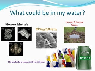 What could be in my water?
Heavy Metals
Human & Animal
Waste
Household products & Fertilizers
 