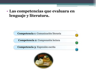 • Las competencias que evaluara en
  lenguaje y literatura.



     Competencia 1: Comunicación literaria

     Competencia 2: Comprensión lectora

     Competencia 3: Expresión escrita
 
