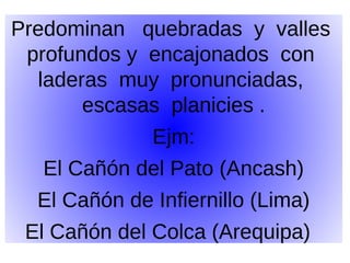 Predominan quebradas y valles
profundos y encajonados con
laderas muy pronunciadas,
escasas planicies .
Ejm:
El Cañón del Pato (Ancash)
El Cañón de Infiernillo (Lima)
El Cañón del Colca (Arequipa)

 