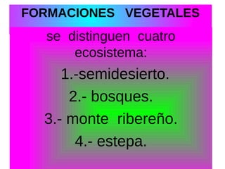 FORMACIONES VEGETALES

se distinguen cuatro
ecosistema:

1.-semidesierto.
2.- bosques.
3.- monte ribereño.
4.- estepa.

 
