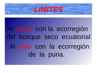 LIMITES
Al norte con la ecorregión
del bosque seco ecuatorial
Al este con la ecorregión
de la puna.

 