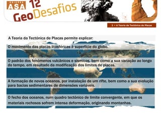O padrão dos fenómenos vulcânicos e sísmicos, bem como a sua variação ao longo do tempo, em resultado da modificação dos limites de placas. O movimento das placas litosféricas à superfície do globo. A formação de novos oceanos, por instalação de um rifte, bem como a sua evolução para bacias sedimentares de dimensões variáveis. O fecho dos oceanos, num quadro tectónico de limite convergente, em que os materiais rochosos sofrem intensa deformação, originando montanhas.   1 –  A Teoria da Tectónica de Placas A Teoria da Tectónica de Placas permite explicar: 