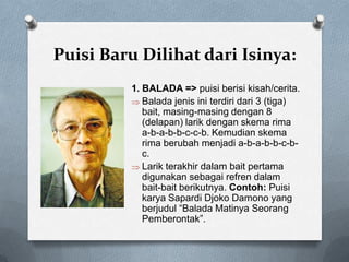 Puisi Baru Dilihat dari Isinya:
1. BALADA => puisi berisi kisah/cerita.
Balada jenis ini terdiri dari 3 (tiga)
bait, masing-masing dengan 8
(delapan) larik dengan skema rima
a-b-a-b-b-c-c-b. Kemudian skema
rima berubah menjadi a-b-a-b-b-c-bc.
Larik terakhir dalam bait pertama
digunakan sebagai refren dalam
bait-bait berikutnya. Contoh: Puisi
karya Sapardi Djoko Damono yang
berjudul “Balada Matinya Seorang
Pemberontak”.

 