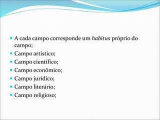  A cada campo corresponde um habitus próprio do
campo;
 Campo artístico;
 Campo científico;
 Campo econômico;
 Campo jurídico;
 Campo literário;
 Campo religioso;
 