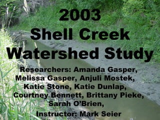 2003
  Shell Creek
Watershed Study
 Researchers: Amanda Gasper,
Melissa Gasper, Anjuli Mostek,
  Katie Stone, Katie Dunlap,
Courtney Bennett, Brittany Pieke,
        Sarah O’Brien,
     Instructor: Mark Seier
 