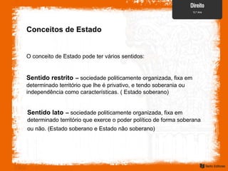 Conceitos de Estado
O conceito de Estado pode ter vários sentidos:
Sentido restrito – sociedade politicamente organizada, fixa em
determinado território que lhe é privativo, e tendo soberania ou
independência como características. ( Estado soberano)
Sentido lato – sociedade politicamente organizada, fixa em
determinado território que exerce o poder político de forma soberana
ou não. (Estado soberano e Estado não soberano)
 