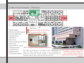 2º Piso Centro Cirúrgico - Obstétrico AcessosLaterais, reservadas aos funcionários.Legenda:1 Enfermagem2 Chefia de Enfermagem3 Centro Obstétrico4 Apartamento5 Pré-Parto6 Secretaria7 Estacionamento de Macas8 Farmácia9 Arsenal C.C. e C.O.10 Equipamento11 Anestesistas12 Laboratório13 Centro-CirúrgicoCentral, para todos os usuários.Fig.04Fig.05: Corredores internos de acesso ao público.Fig.04: Panos de vidro no vazio central do edifício, varandas com portas de correr e guarda-corpos de vidro nos apartamentos proporcionam ambiente acolhedor.Em todos os pavimentos, se concentra a parte administrativa no centro do bloco, próximo aos acessos e nas extremidades do pavimento os locais de cirurgias, jogando os apartamentos para as “beiradas” afim de obter opções de aberturas para eles.