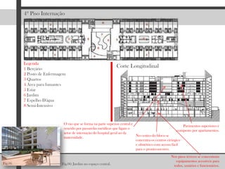4º Piso InternaçãoLegenda1 Berçário2 Posto de Enfermagem3 Quartos 4 Área para fumantes5 Estar6 Jardim7 Espelho D'água8 Semi-IntensivoCorte LongitudinalO vão que se forma na parte superior central é vencido por passarelas metálicas que ligam o setor de internação do hospital geral ao da maternidade.Pavimentos superiores é composto por apartamentos.No centro do bloco se concentra os centros cirúrgico e obstétrico com acesso fácil para o pronto-socorro.Nos pisos térreos se concentram equipamentos acessíveis para todos, usuários e funcionários.Fig.06Fig.06: Jardim no espaço central.