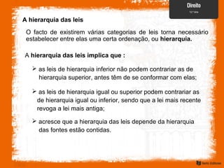 A hierarquia das leis
O facto de existirem várias categorias de leis torna necessário
estabelecer entre elas uma certa ordenação, ou hierarquia.
A hierarquia das leis implica que :
 as leis de hierarquia inferior não podem contrariar as de
hierarquia superior, antes têm de se conformar com elas;
 as leis de hierarquia igual ou superior podem contrariar as
de hierarquia igual ou inferior, sendo que a lei mais recente
revoga a lei mais antiga;
 acresce que a hierarquia das leis depende da hierarquia
das fontes estão contidas.
 