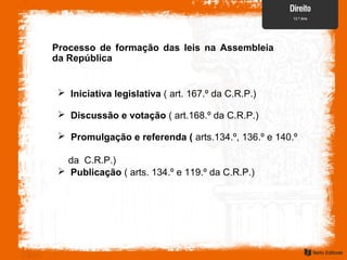 Processo de formação das leis na Assembleia
da República
 Iniciativa legislativa ( art. 167.º da C.R.P.)
 Discussão e votação ( art.168.º da C.R.P.)
 Promulgação e referenda ( arts.134.º, 136.º e 140.º
da C.R.P.)
 Publicação ( arts. 134.º e 119.º da C.R.P.)
 