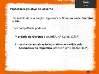 Processo legislativo do Governo
No âmbito da sua função legislativa o Governo emite Decretos
– leis.
Esta competência pode ser:
 própria do Governo [ art.198.º, n.º 1,a) da C.R.P]
 resultar de autorização legislativa concedida pela
Assembleia da República [art.198.º, n.º 1, b) da C.R.P.]
 