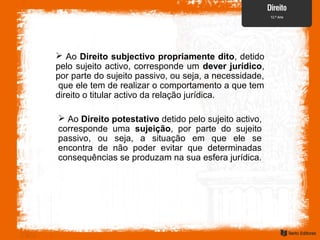  Ao Direito potestativo detido pelo sujeito activo,
corresponde uma sujeição, por parte do sujeito
passivo, ou seja, a situação em que ele se
encontra de não poder evitar que determinadas
consequências se produzam na sua esfera jurídica.
 Ao Direito subjectivo propriamente dito, detido
pelo sujeito activo, corresponde um dever jurídico,
por parte do sujeito passivo, ou seja, a necessidade,
que ele tem de realizar o comportamento a que tem
direito o titular activo da relação jurídica.
 