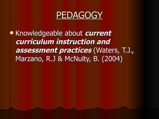 PEDAGOGY Knowledgeable about  current curriculum instruction and assessment practices  (Waters, T.J., Marzano, R.J & McNulty, B. (2004) 