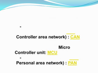 -

Controller area network) : CAN

                   Micro
Controller unit: MCU
  -
Personal area network) : PAN
 