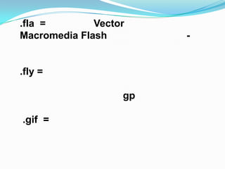 .fla =        Vector
Macromedia Flash        -


.fly =

                   gp

.gif =
 