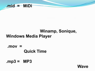 .mid = MiDi




              Winamp, Sonique,
Windows Media Player

.mov =
         Quick Time

.mp3 = MP3
                                 Wave
 