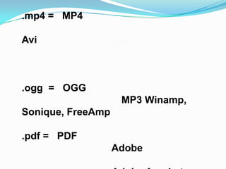 .mp4 = MP4

Avi



.ogg = OGG
                    MP3 Winamp,
Sonique, FreeAmp

.pdf = PDF
                   Adobe
 