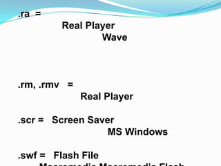 .ra =
         Real Player
                 Wave



.rm, .rmv =
              Real Player

.scr = Screen Saver
                  MS Windows

.swf = Flash File
 