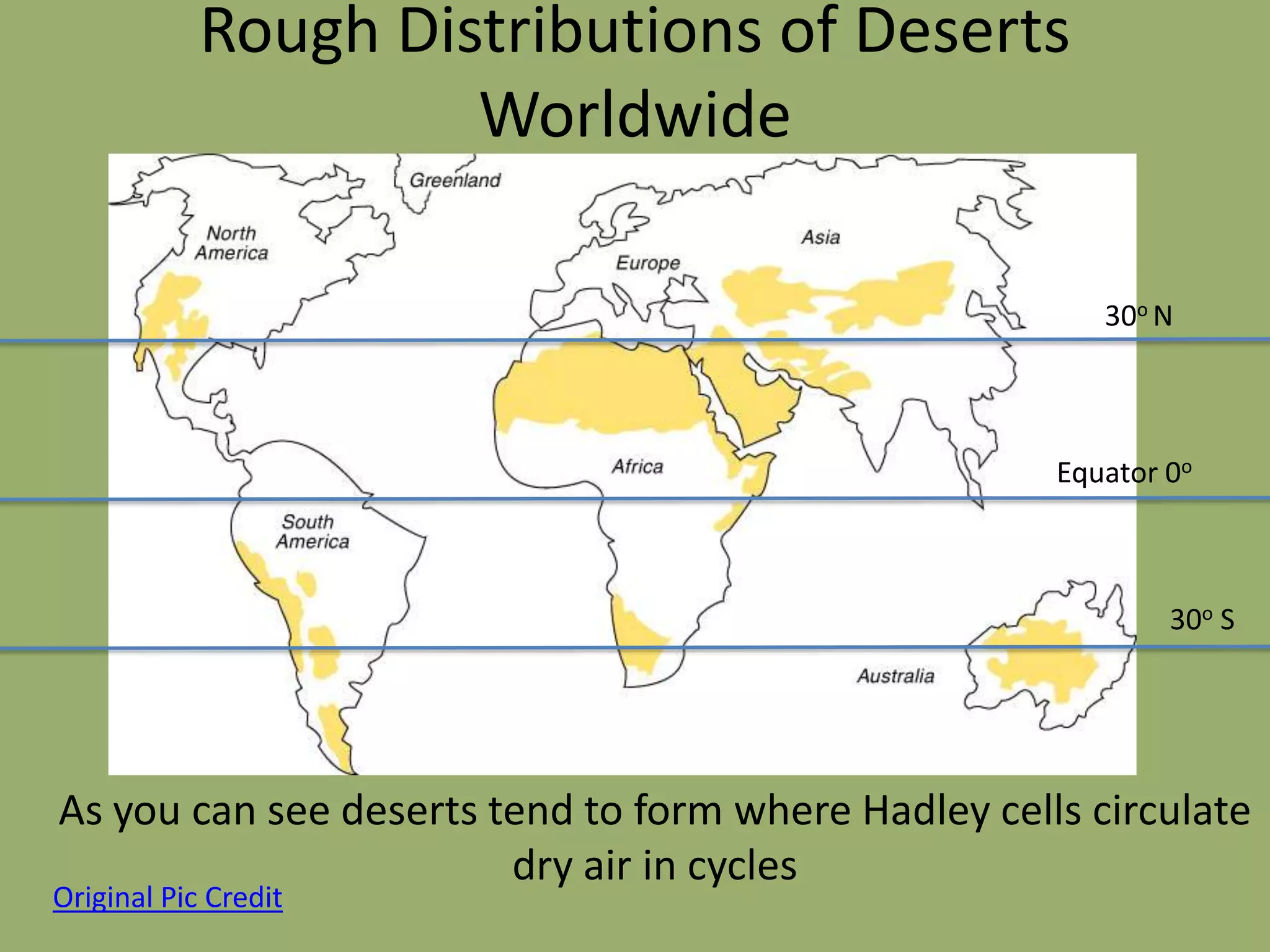 Rough Distributions of Deserts
                     Worldwide

                                                        30o N



                                                     Equator 0o



                                                             30o S




As you can see deserts tend to form where Hadley cells circulate
                        dry air in cycles
Original Pic Credit
 