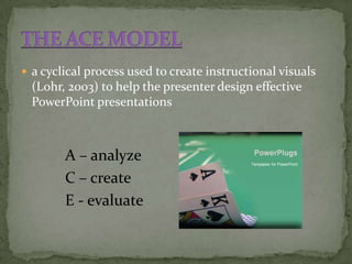  a cyclical process used to create instructional visuals
  (Lohr, 2003) to help the presenter design effective
  PowerPoint presentations



        A – analyze
        C – create
        E - evaluate
 