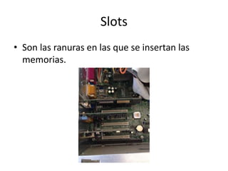 Slots
• Son las ranuras en las que se insertan las
memorias.
 