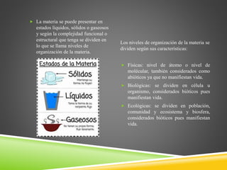  La materia se puede presentar en
estados líquidos, sólidos o gaseosos
y según la complejidad funcional o
estructural que tenga se dividen en
lo que se llama niveles de
organización de la materia.
Los niveles de organización de la materia se
dividen según sus características:
 Físicas: nivel de átomo o nivel de
molécular, también considerados como
abióticos ya que no manifiestan vida.
 Biológicas: se dividen en célula u
organismo, considerados bióticos pues
manifiestan vida.
 Ecológicas: se dividen en población,
comunidad y ecosistema y biosfera,
considerados bióticos pues manifiestan
vida.
 